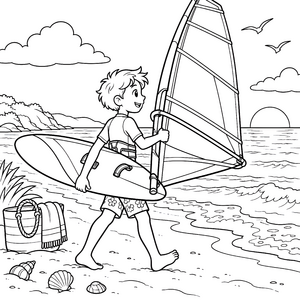 Fröhlicher Jüngling mit Windsurfbrett Malvorlage für malfreudige Meereswesen