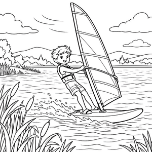 Mutiger Jüngling beim Windsurfen am See Ausmalbild für verträumte Wasserratten
