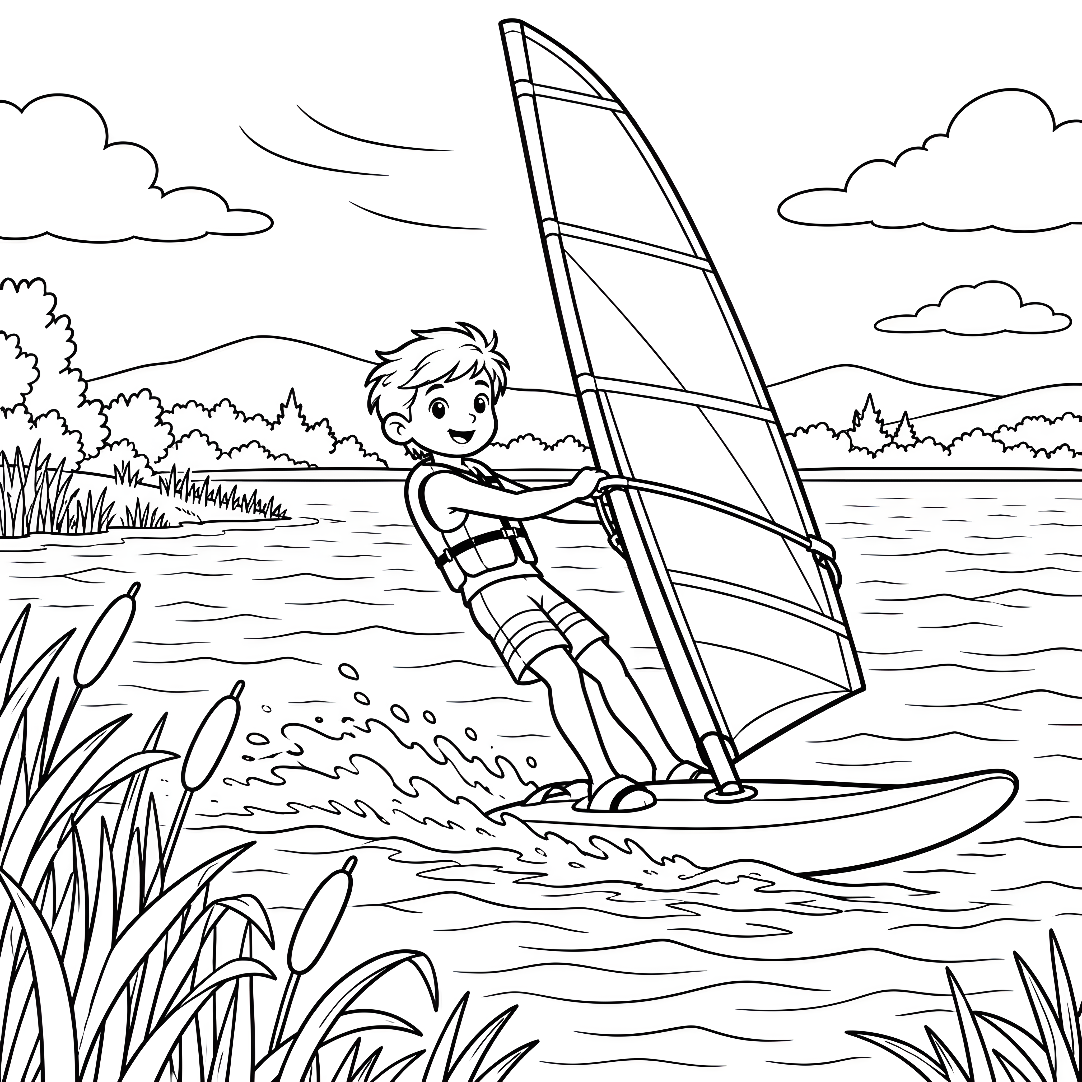 Mutiger Jüngling beim Windsurfen am See Ausmalbild für verträumte Wasserratten