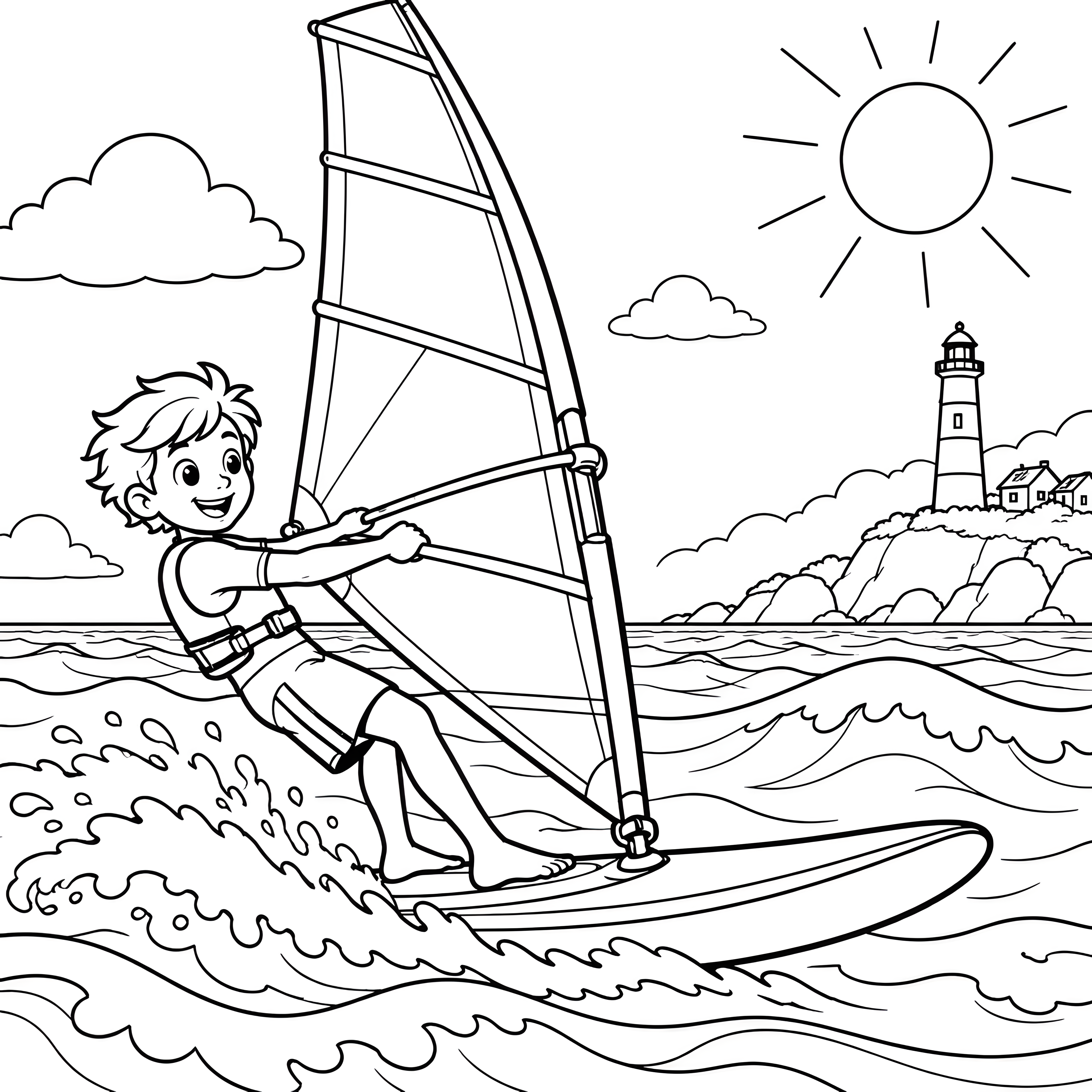 Abenteuerlicher Jüngling beim Windsurfen Leuchtturm Malvorlage für fröhliche Wasserratten