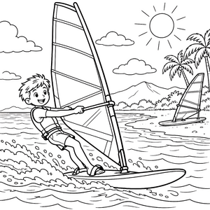 Dynamischer Jüngling beim Windsurfen am tropischen Strand Ausmalbild für kreative Meereswesen