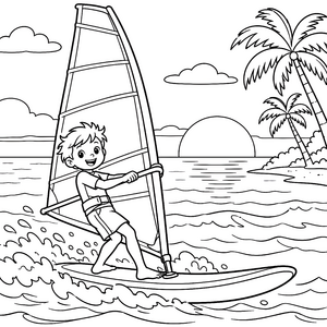 Sportlicher Jüngling beim Windsurfen am Strand Malbild für neugierige Meeresfreunde