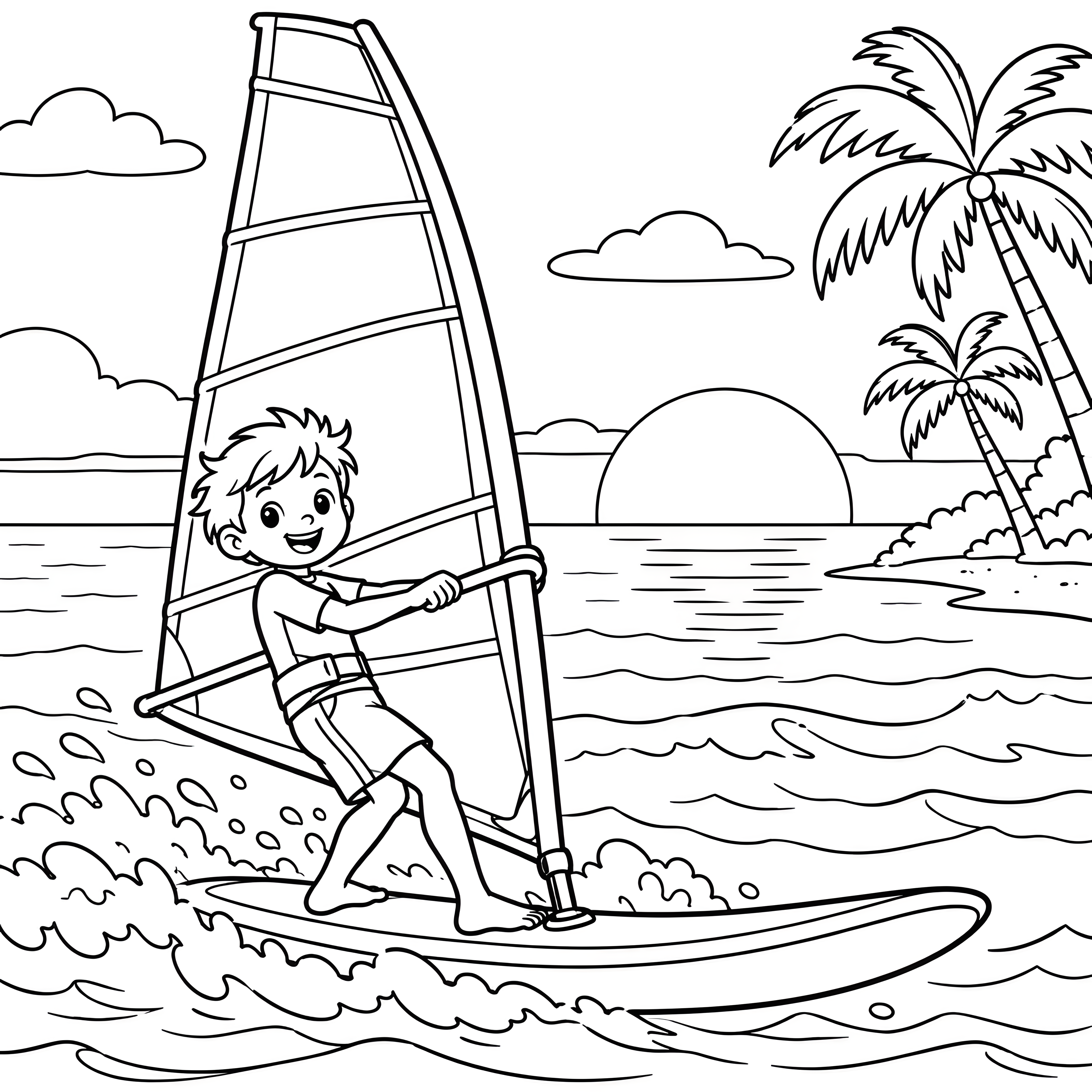 Sportlicher Jüngling beim Windsurfen am Strand Malbild für neugierige Meeresfreunde