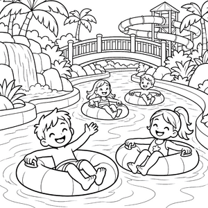 Fröhliche Kinder in Reifen im Wasserpark Malbild für kleine Weltenbummler