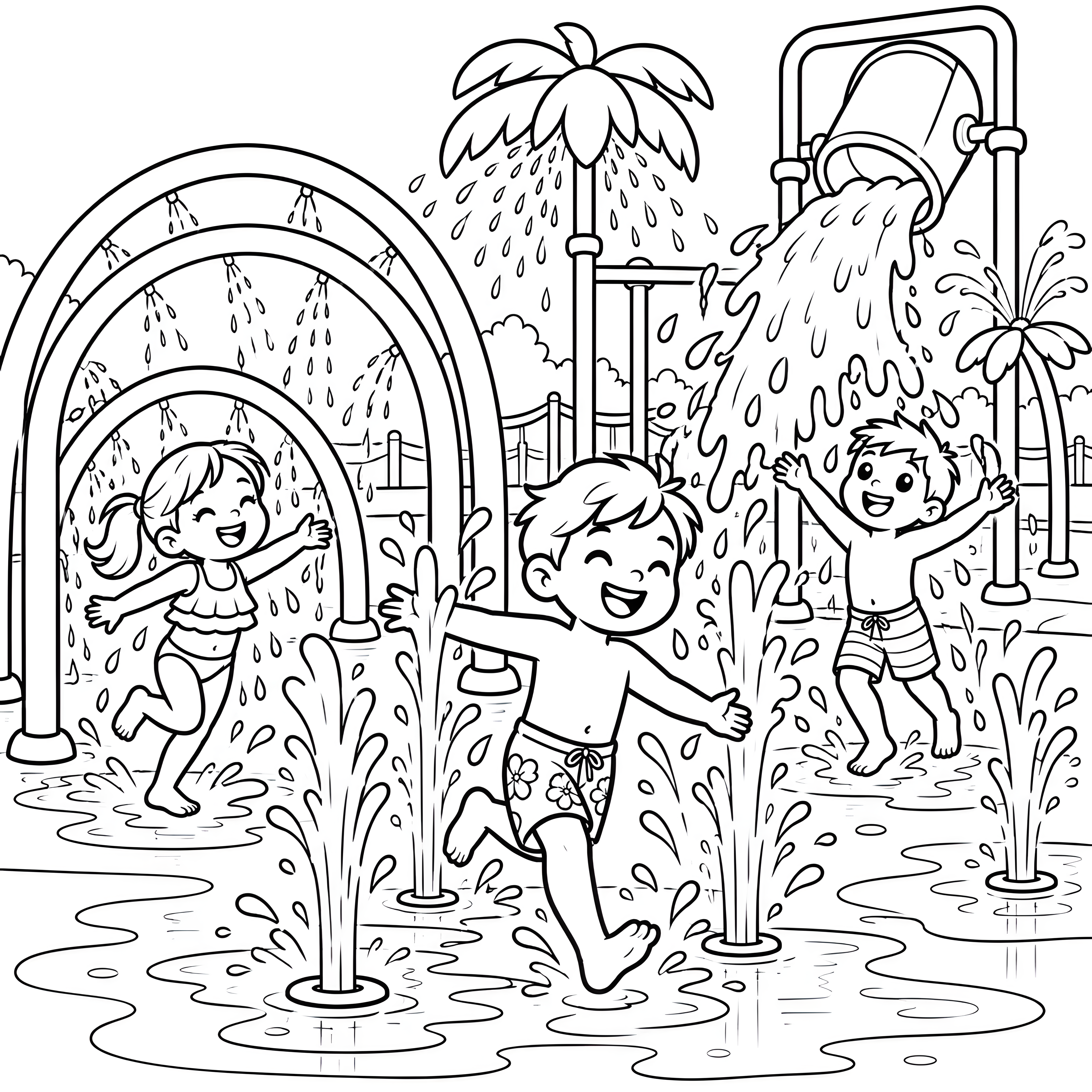 Fröhliche Kinder auf dem Wasserspielplatz Malbild für mutige Wasserratten