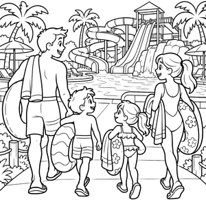 Fröhliche Familie am Pool mit Rutschen Malvorlage für mutige Spürnasen
