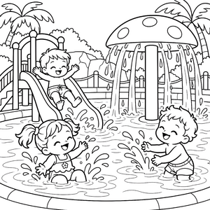 Verspielter Wasserpark mit Pilzsprinkler-Ausmalvorlage für junge Wasserratten