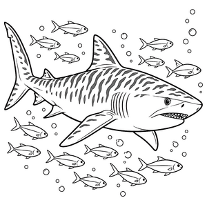 Mächtiger Tigerhai mit kleinen Fischen Ausmalbild für verträumte Weltenbummler