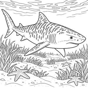 Wachsamer Tigerhai über Seesternen Malvorlage für kleine Naturfreunde