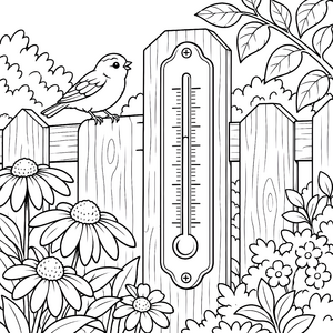 Fröhliches Thermometer mit Vogel und Blumen Malvorlage für fröhliche Naturfreunde