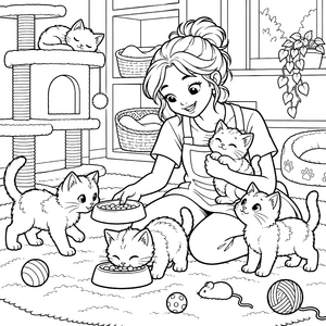 Liebevolle Tierpflegerin mit Kätzchen Ausmalbild für kleine Tierfreunde