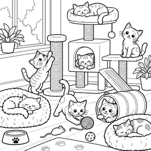 Gemütliches Katzenhaus mit Spielplatz Malbild für fröhliche Spürnasen