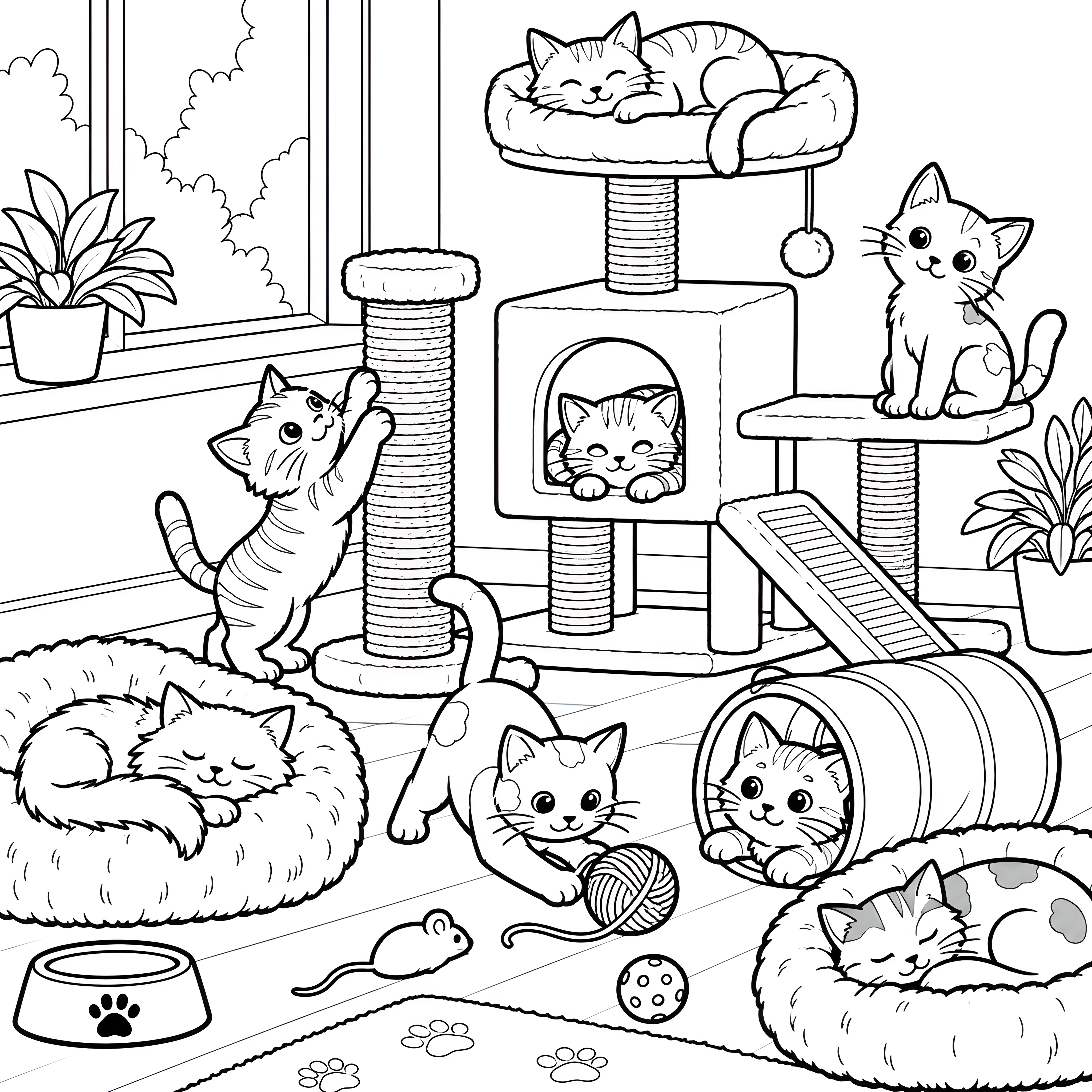 Gemütliches Katzenhaus mit Spielplatz Malbild für fröhliche Spürnasen