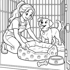 Fürsorgliche Pflegerin mit Hund im Gehege Ausmalbild für kleine Tiertreuer