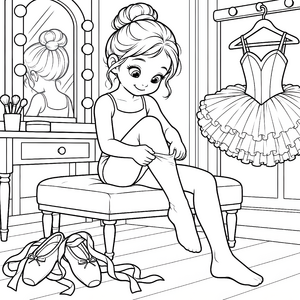 Konzentrierte Ballerina beim Anziehen von Strumpfhosen Ausmalbild für kleine Künstler