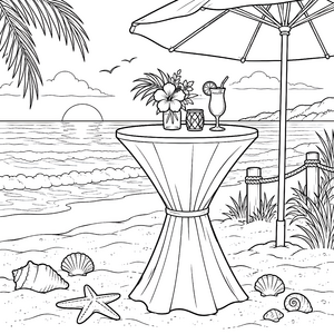 Exotischer Stehtisch mit Cocktail am Strand Malvorlage für kreative Weltenbummler