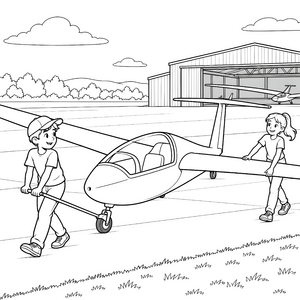 Fröhliches Segelflugzeug am Hangar Ausmalvorlage für kleine Abenteurer
