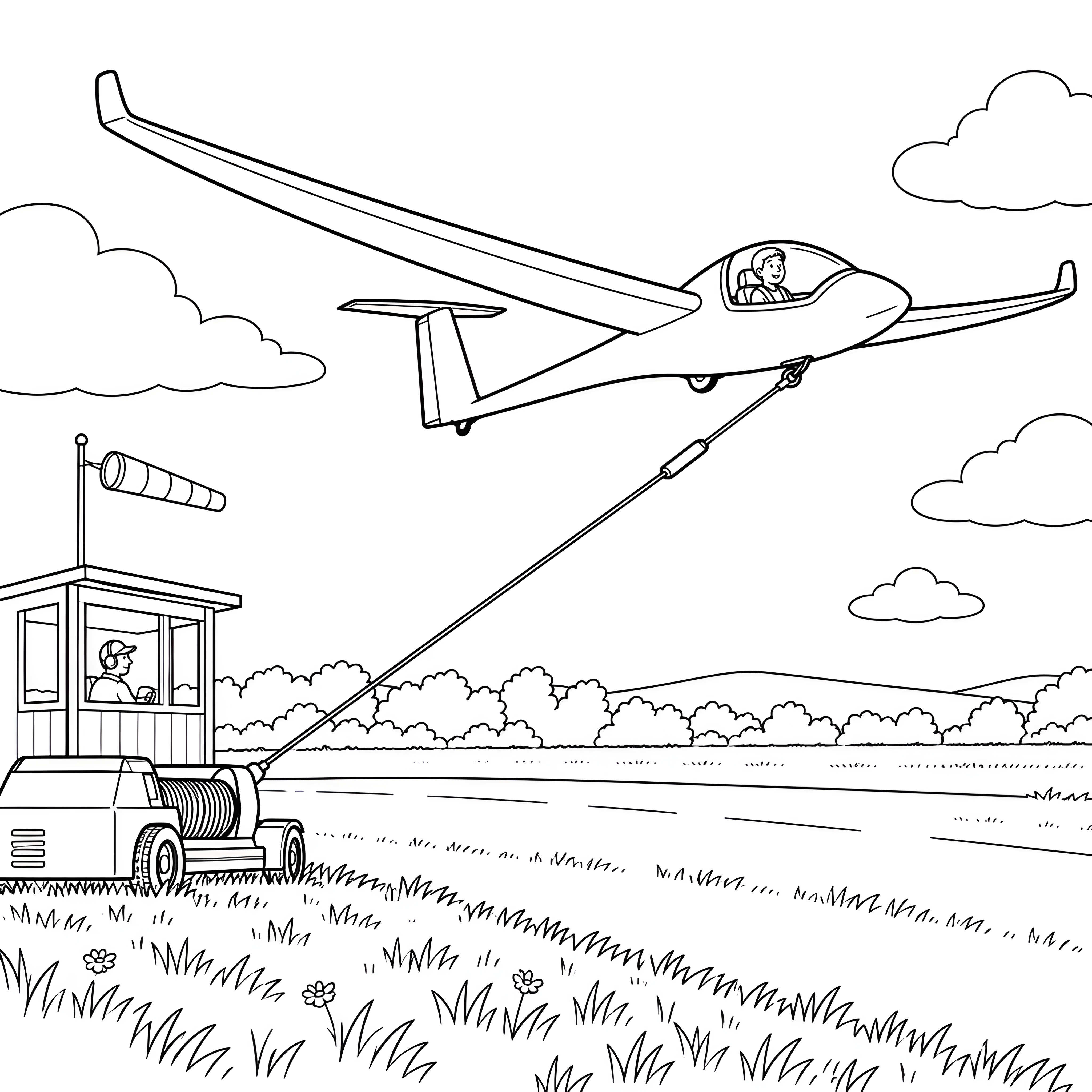 Dynamisches Segelflugzeug am Schleppfahrzeug Ausmalbild für neugierige Luftfahrtfans