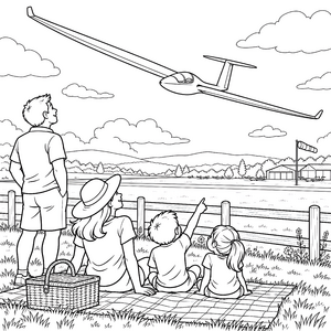 Beobachtendes Segelflugzeug über Picknickdecke Ausmalbild für neugierige Spürnasen