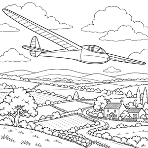 Sanftes Segelflugzeug über ländlichem Gutshaus Malbild für kreative Himmelsreiser