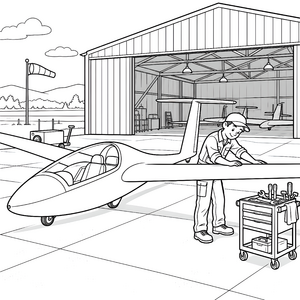 Konzentrierter Mechaniker am Segelflugzeug Ausmalvorlage für kreative Tüftler