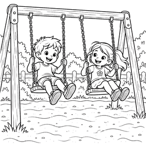 Lustige Kinder auf Schaukeln Ausmalbild für verträumte Entdecker