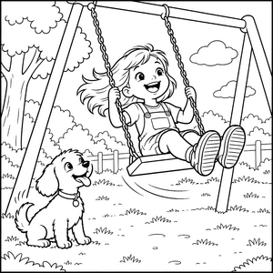 Fröhliches Mädchen auf Schaukel mit Hund Malbild für mutige Tierfreunde