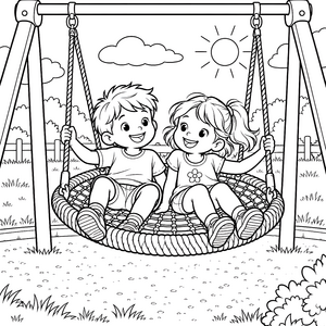 Fröhliche Kinder auf Rundschaukel Malbild für kreative Sonnenanbeter