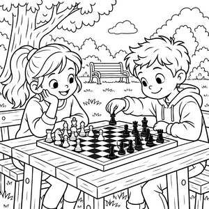 Verspielte Kinder beim Schach im Park Ausmalvorlage für kleine Abenteurer