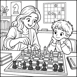 Aufmerksame Mutter und Sohn beim Schach Ausmalvorlage für Denkkerbe
