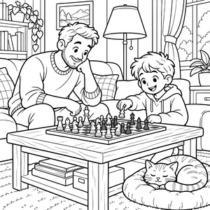 Aufmerksamer Vater und Sohn beim Schach Ausmalvorlage für malfreudige Spürnasen