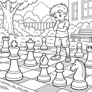 Nachdenklicher Junge beim Schach Ausmalvorlage für Tüftler