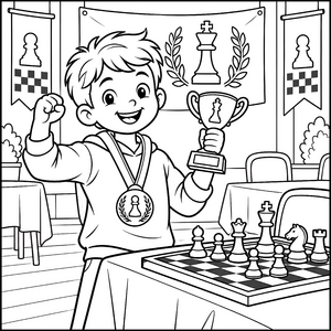 Stolzer Turner mit Pokal beim Schach Malbild für neugierige Weltenbummler