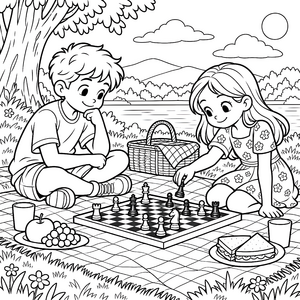 Konzentrierte Kinder beim Schachpicknick Ausmalvorlage für fröhliche Abenteurer