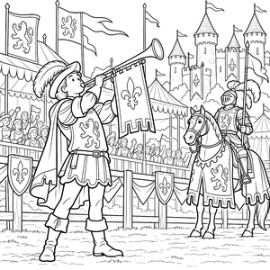 Posaunierender Ritter vor Burg Ausmalvorlage für kleine Helden
