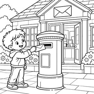 Fröhlicher Junge am Briefkasten Malbild für kleine Abenteurer