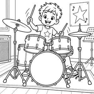 Fröhlicher Schlagzeuger im Studio Malbild für kleine Rhythmuskönige