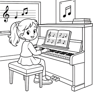Fröhliche Pianistin am Notenständer Ausmalvorlage für kreative Taktgeber