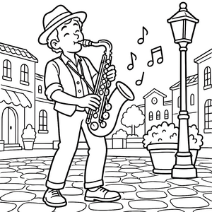 Fröhlicher Saxophonist auf dem Platz Malvorlage für kreative Weltenbummler