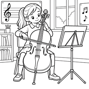 Konzentrierte Cellistin am Notenständer Malbild für kreative Musikträumer