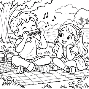 Fröhlicher Junge mit Mundharmonika im Picknick Ausmalbild für verträumte Musikfreunde