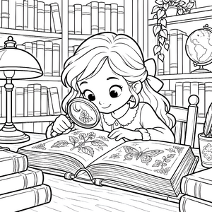 Aufmerksame Mädchen mit Lupe im Bücherregal Ausmalvorlage für fröhliche Bücherwürmer