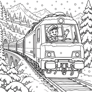 Freundlicher Lokführer im Schnee Malvorlage für kleine Weltenbummler
