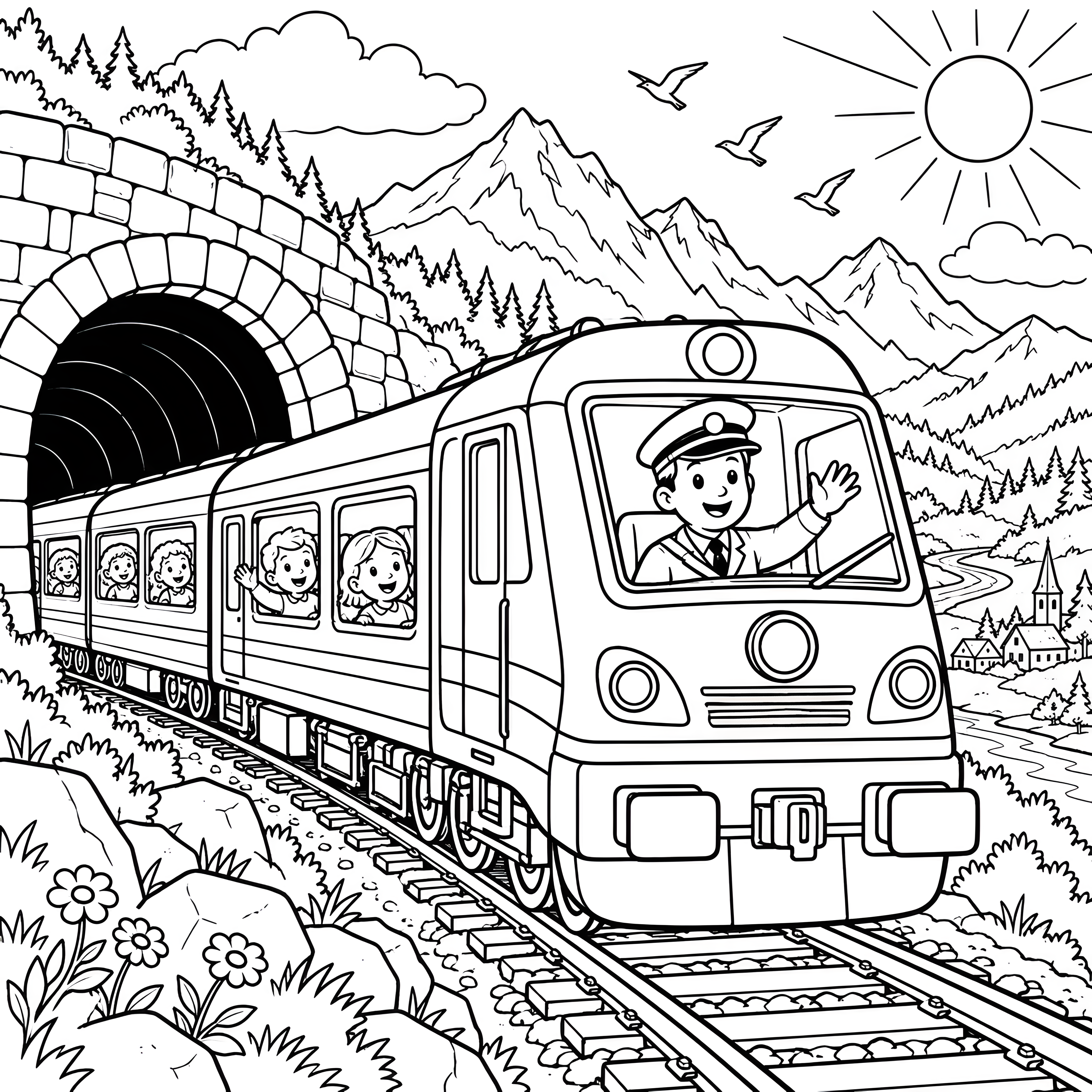 Herzlicher Lokführer am Tunnel Ausmalbild für kreative Bahnfreunde