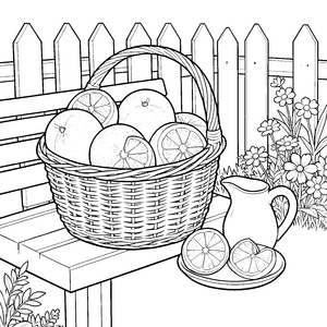 Fülliger Korb mit Grapefruits auf Gartenbank Ausmalvorlage für kleine Abenteurer