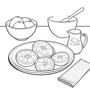 Fröhliche Grapefruit-Scheiben auf dem Teller Malvorlage für malfreudige Genießer