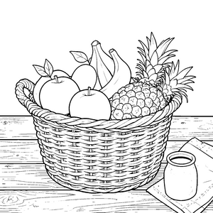 Bunter Obstkorb mit Ananas Ausmalvorlage für neugierige Weltenbummler