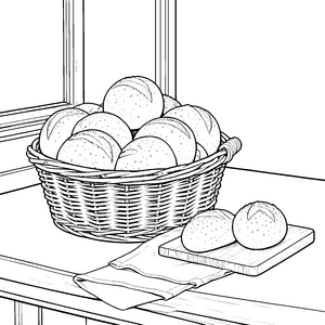 Frische Brötchen im Korb Ausmalbild für malfreudige Hobbyköche