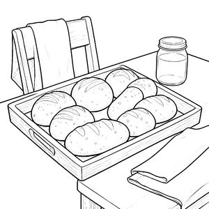 Frische Brötchen auf dem Holztablett Malbild für kleine Spürnasen