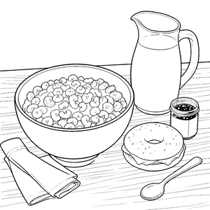 Bunter Frühstückstisch mit Müsli und Bagel Malvorlage für neugierige Frühaufsteher
